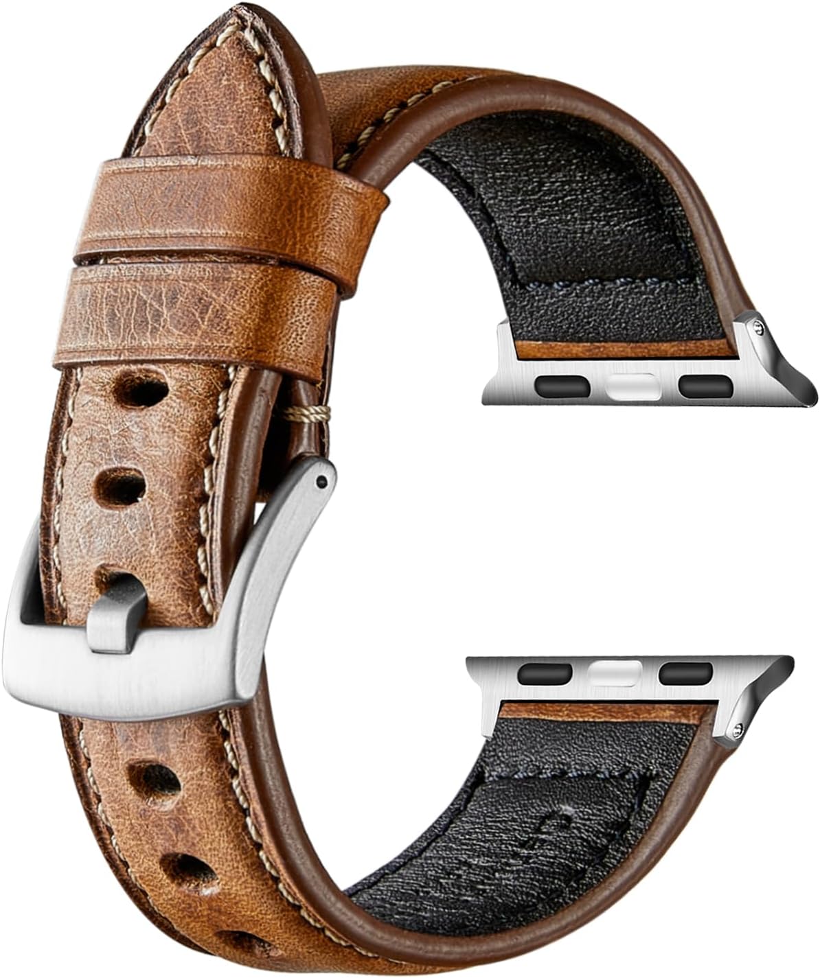 Genuine Leather Watch Band Compatible with Apple Watch,Italian Cowhide,Retro Style,Silver Buckle,Golden Brown and Chestnut Brown,38/40/41mm and 42/44/45mm