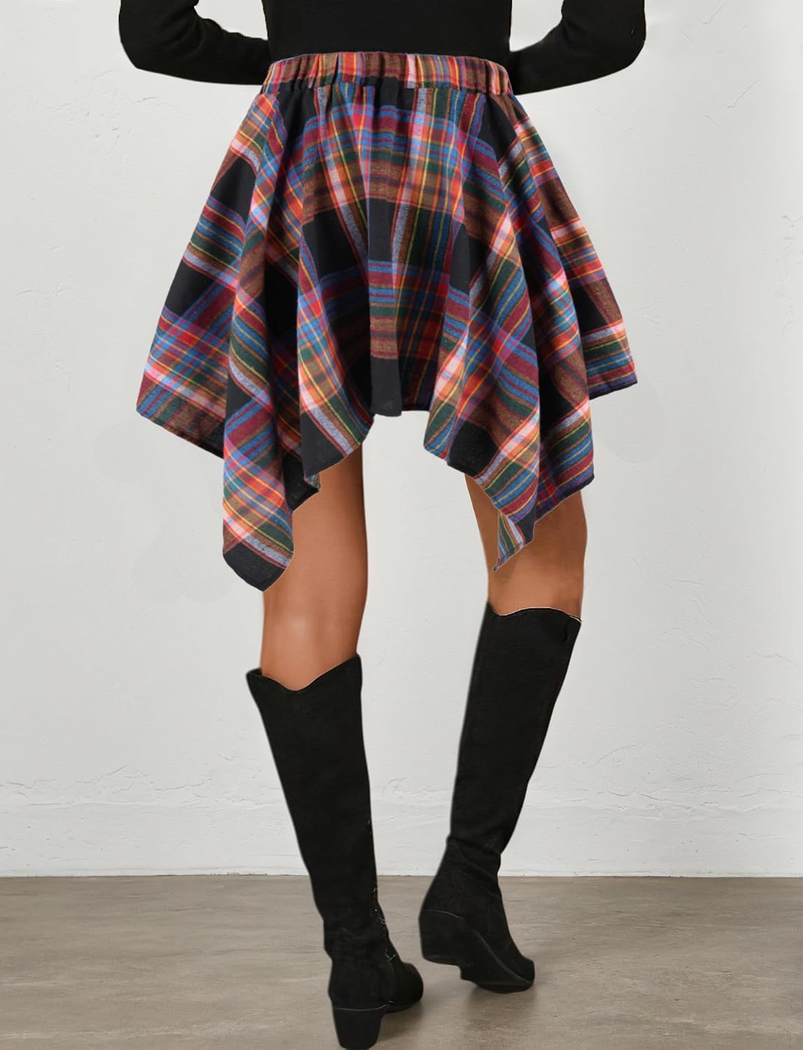 FEOYA Women A-Line Plaid Skirt Elastic Waist Irregular Hem Skirt Tied-Sleeve Design for Street Dance Pub Party Casual