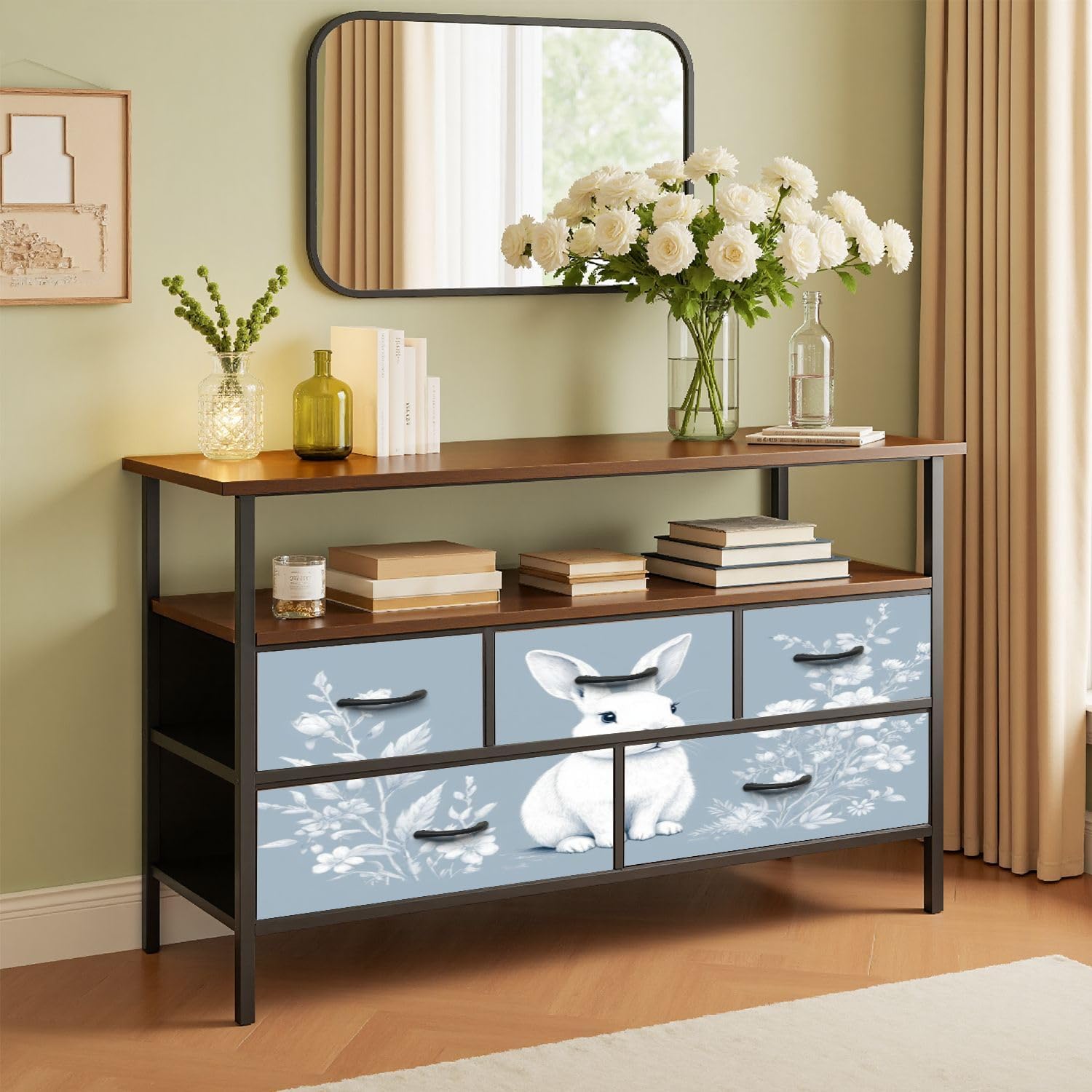 Dresser for Bedroom Tv Stand with Storage Whimsical White Rabbit Floral Accents Woodland Nursery Dressers & Chests of Drawers Fabric Closet Organizers and Storage with 5 Drawers Dresser for Closet