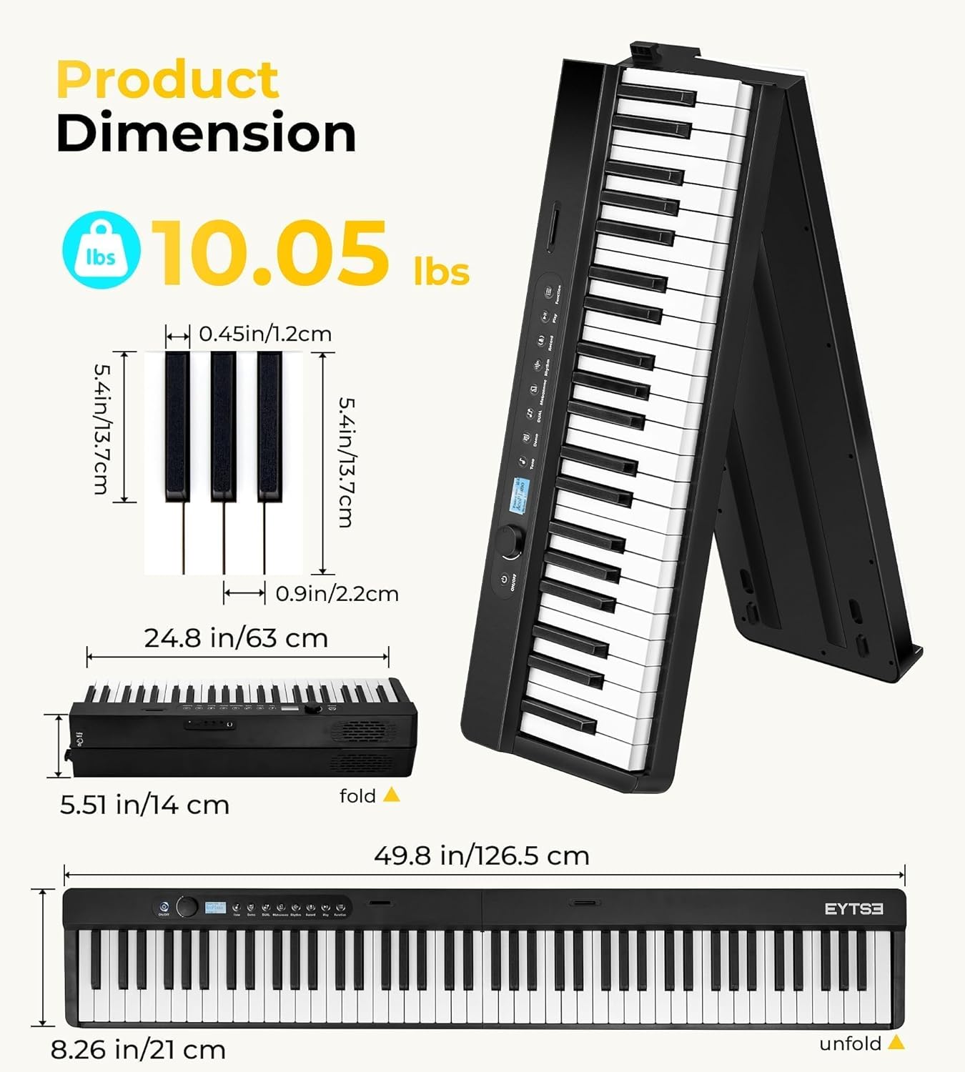 Detailed product dimensions of the EYTSE 88-Key Folding Piano, showing both folded and unfolded measurements and weight.
