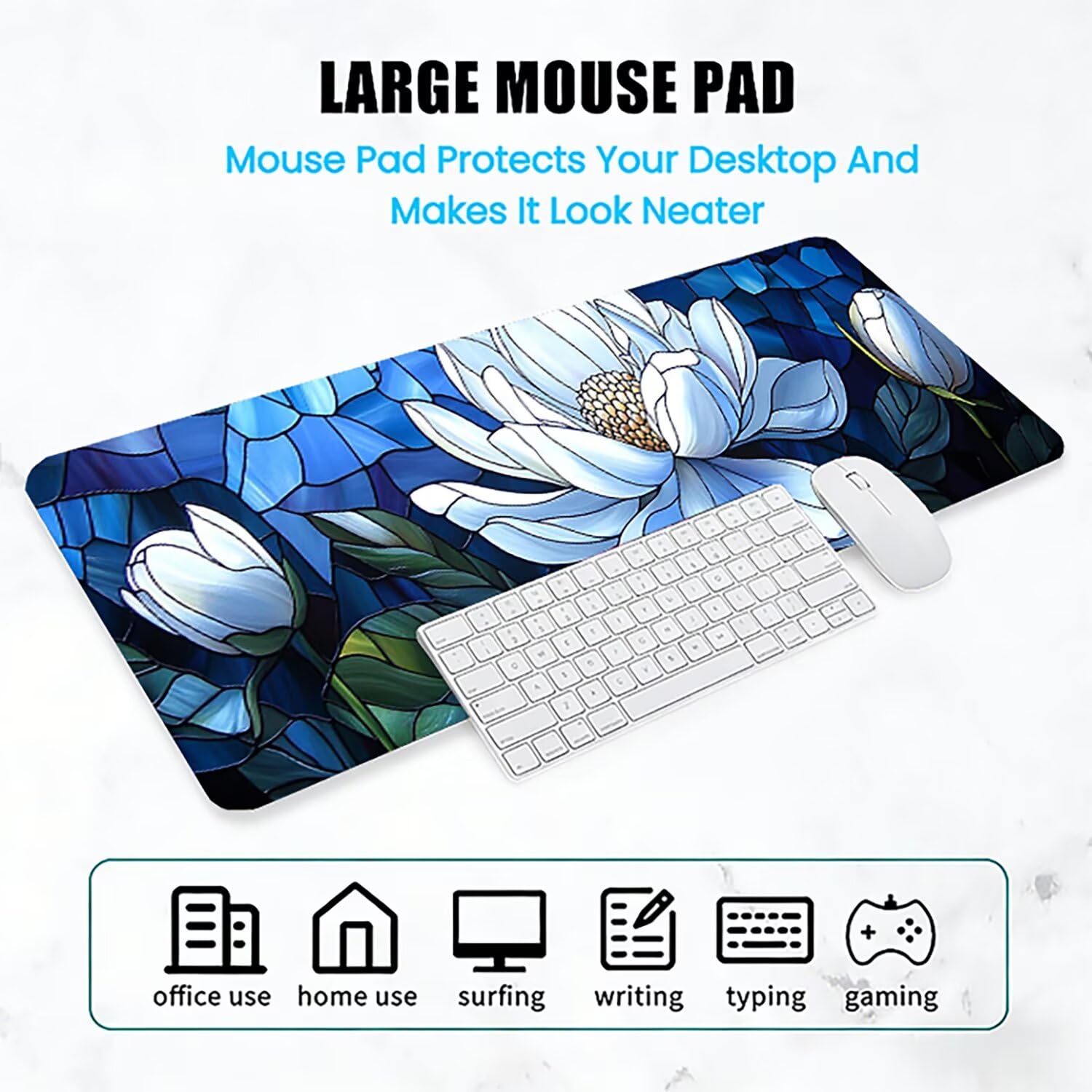 Lejnlnng Podkładka pod mysz do gier XXL, 120 x 60 cm, duża kwiatowa mata na biurko, wodoodporna podkładka pod mysz XL, kryształowa podkładka pod mysz, antypoślizgowa gumowa podkładka pod mysz ze