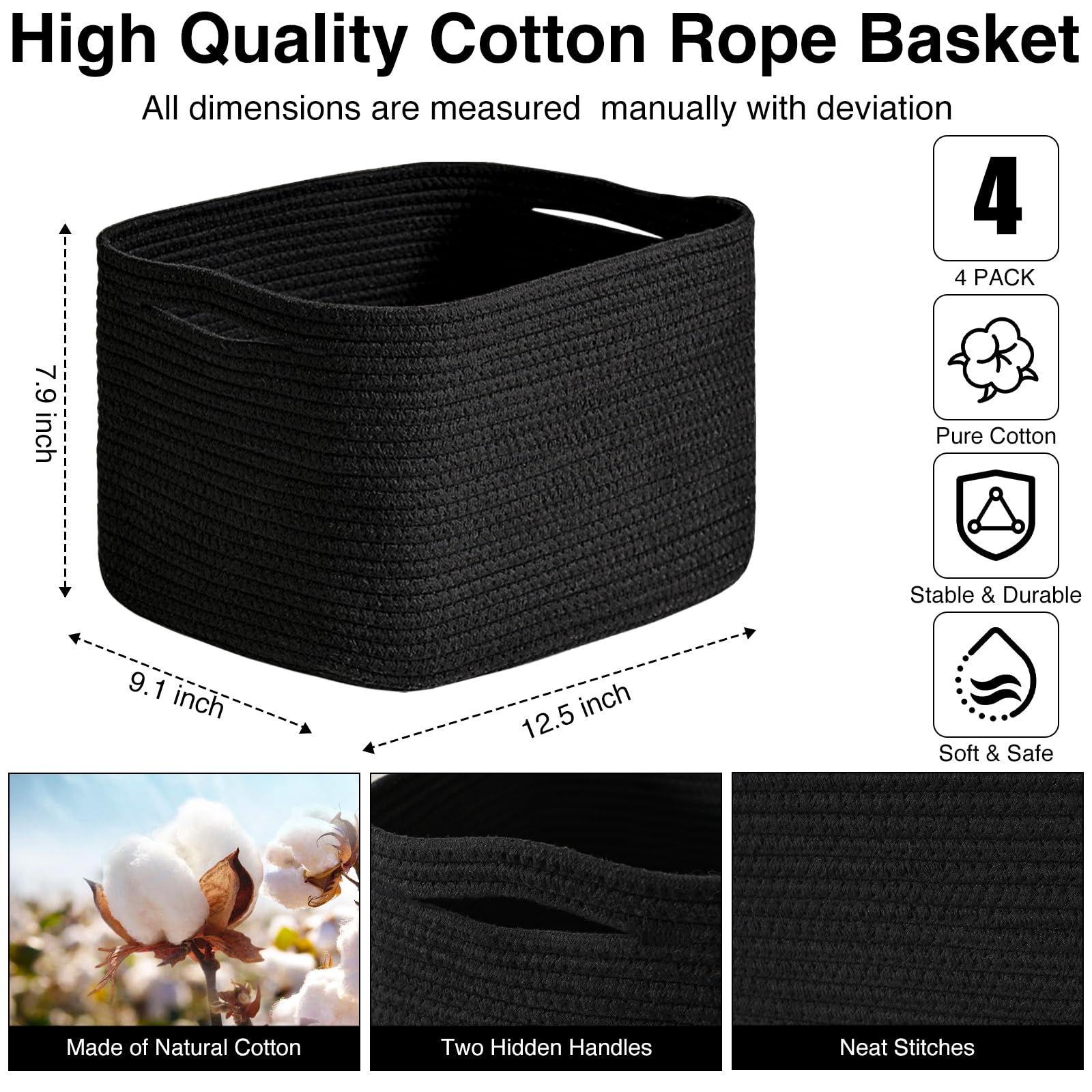 ICERZCZ Canastas de almacenamiento negras para estantes, cestas de almacenamiento pequeñas para organizar, cestas de cuerda de algodón tejida para almacenamiento, cesta de libros, cesta decorativa