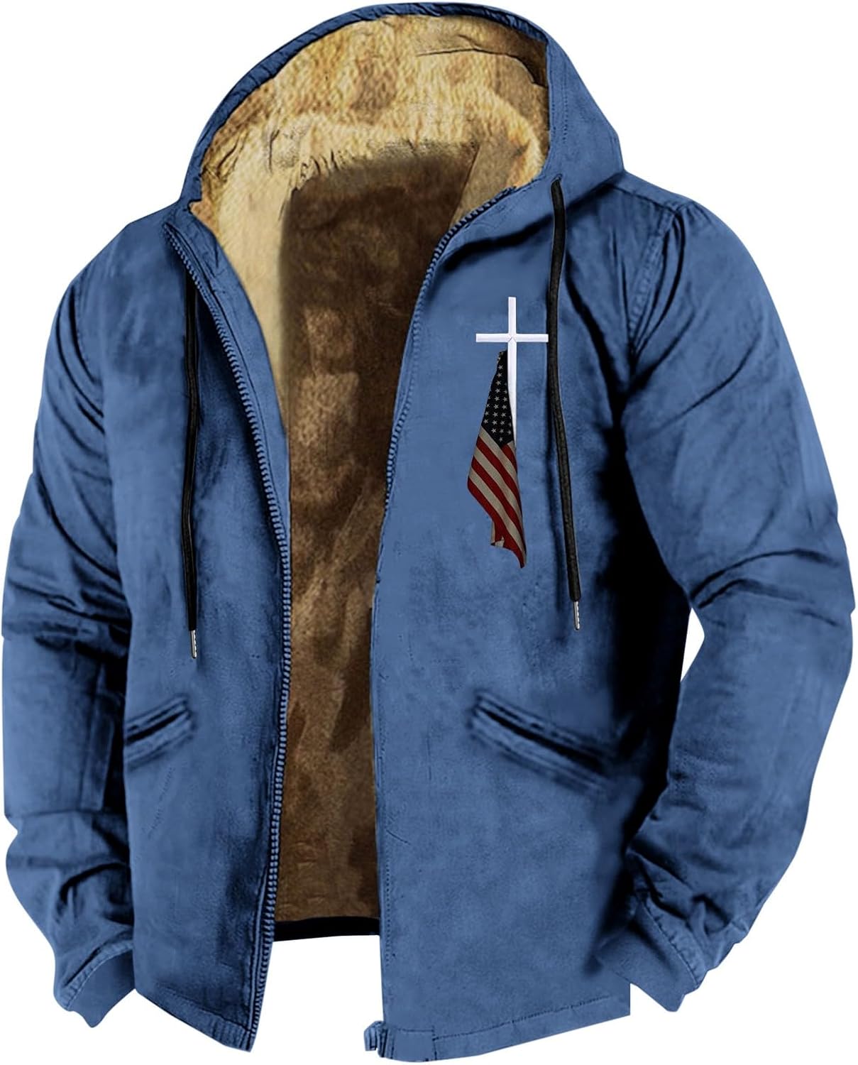 Men Hooded Coat Fleece Lined American Flag Print Zip Casual Sherpa Jacket Thick Thermal Outwear with Pocket Plus Size