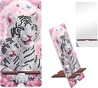 AiYuanzsh White Tiger Diamond Painting Phone Stand with Mirror, DIY Wooden 2-in-1 Decorative Diamond Art Desktop Holder, Crystal Diamond Gem Painting Craft Kit Gift for Beginners Adults