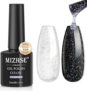 MIZHSE Glitter Top Coat, Clear Glitter Gel Silver Holographic Sparkle No Wipe Rainbow Shimmer Gel Nail Polish for Nail Art Home Manicure 10ml
