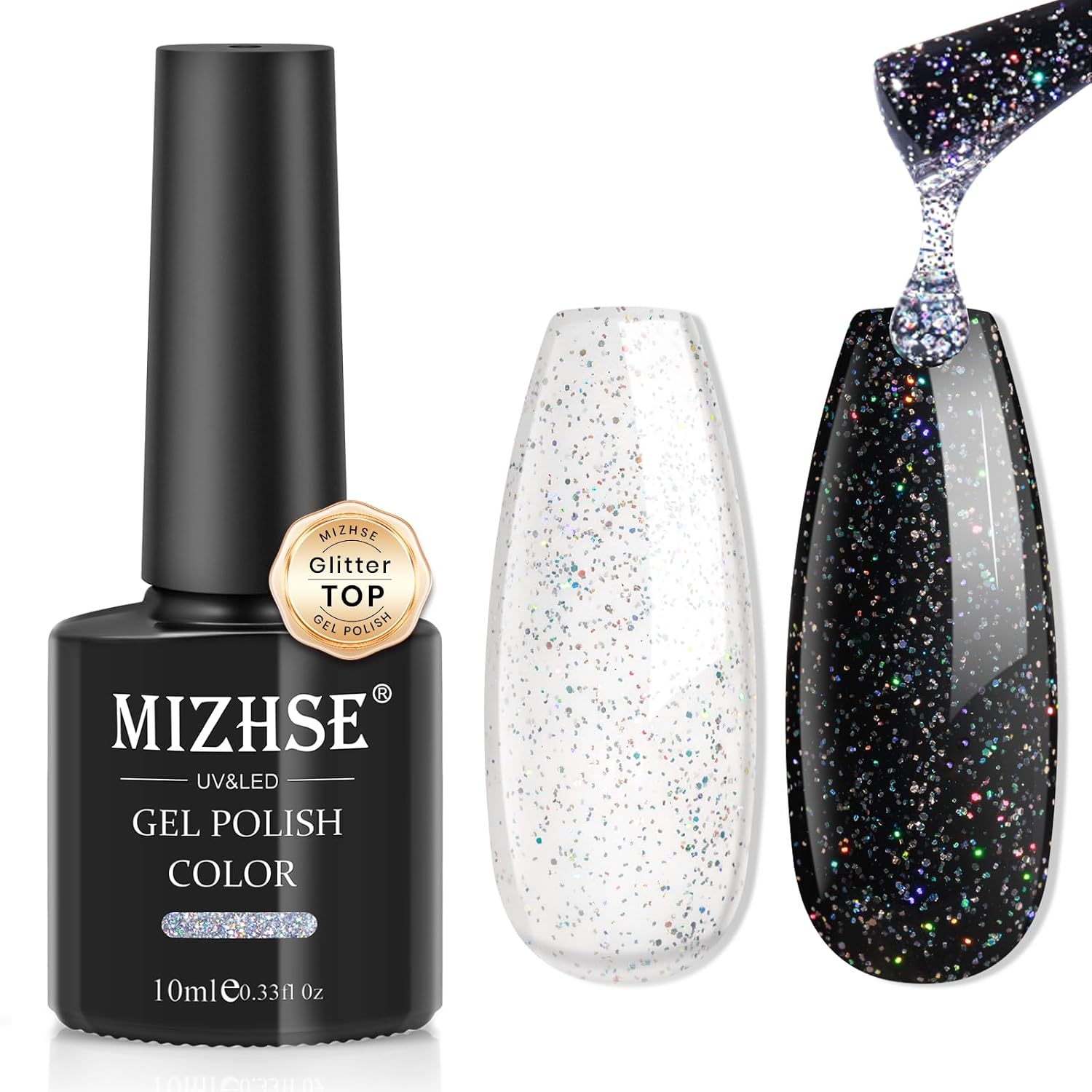 MIZHSE Glitter Top Gel, Clear Glitter Gel Silver Holographic Sparkle No Wipe Rainbow Shimmer Gel Nail Polish for Nail Art Home Manicure 10ml