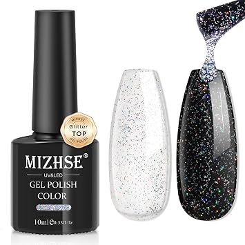 MIZHSE Glitter Top Gel, Clear Glitter Gel Silver Holographic Sparkle | No Wipe Rainbow Shimmer Gel Nail Polish for Nail Art Home Manicure 10ml