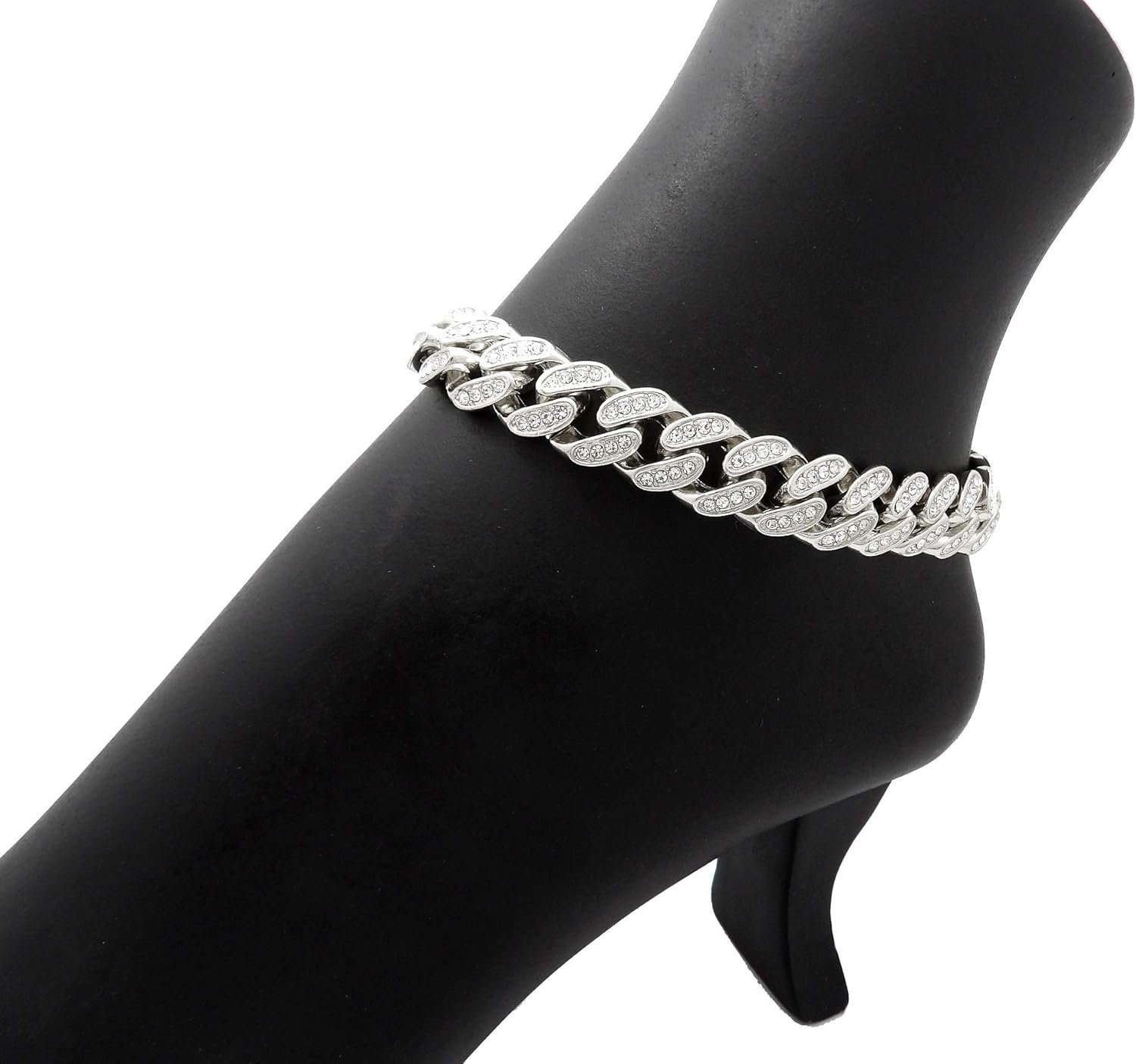 Fashion 21 Women's Stone Filled 12mm 9.5" Box Lock Cuban Chain Anklet (12mm 11" Stone Filled/Silver Tone)