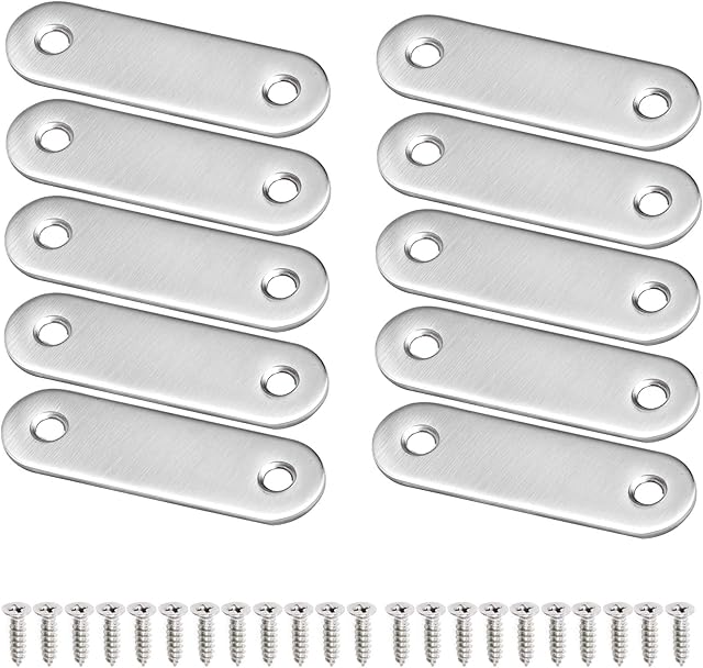 10 Pcs Flat Fixing Brackets, Metal Brace for Wood, Joining Mending Plates Flat Corner Support Shelf with Screws for Connector Repair Furniture Cupboard - 56 x 16mm