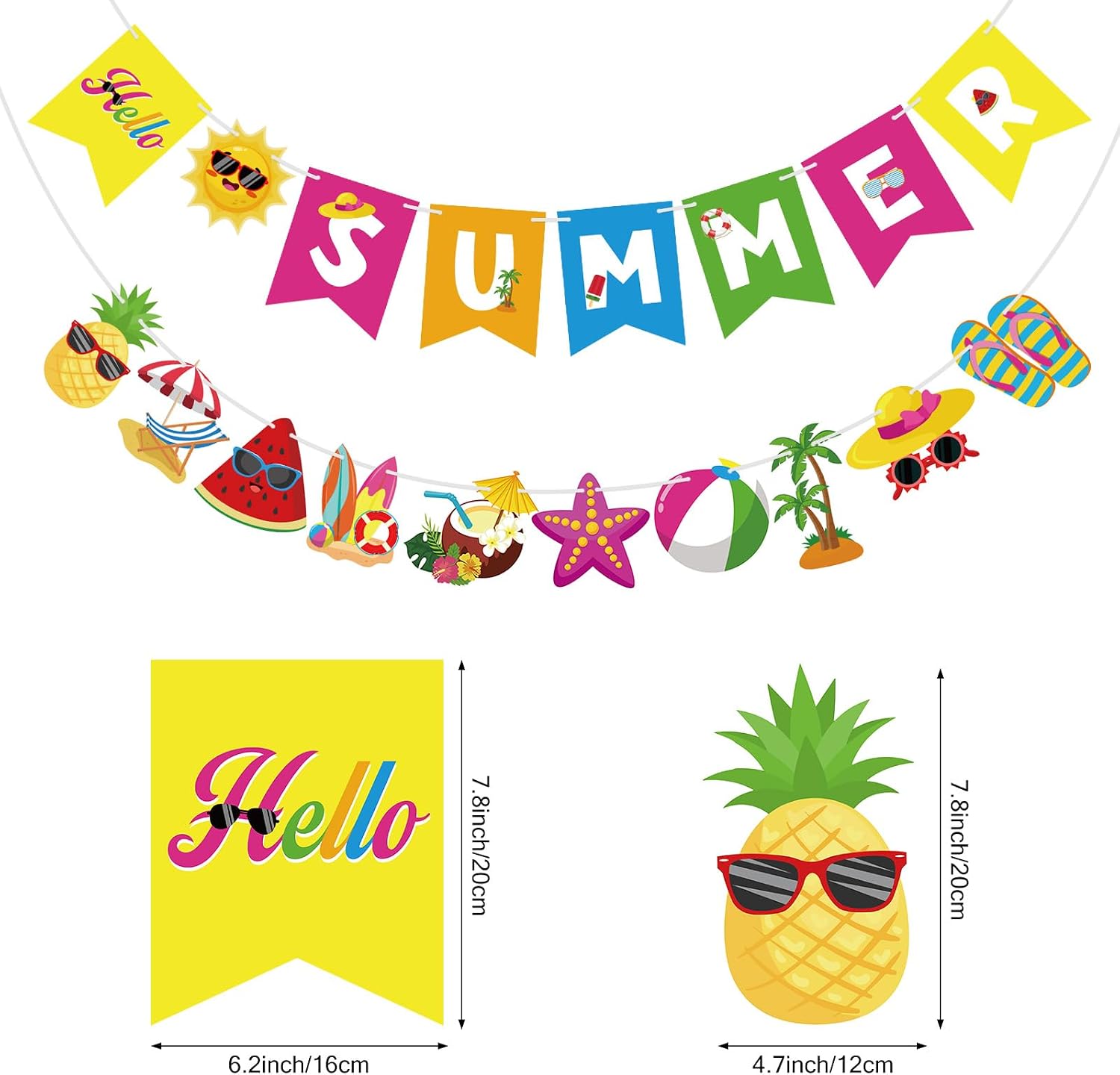 Hello Summer Banner Beach Patterns Colorful Summer Pool Party Bunting Garland Banner Hanging Beach Decor for Kids Holiday Birthday Party Decorations Indoor Outdoor Home Office School Classroom