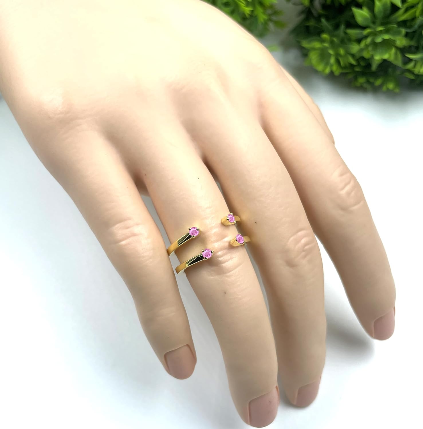 Round Cut Pink Sapphire 2-Stone Open Wedding Band Enhancer Guard For Women, 14K Gold Plated 925 Silver September Birthstone Pink Sapphire Open Two Stone Enhancer Wrap Guard Matching Band