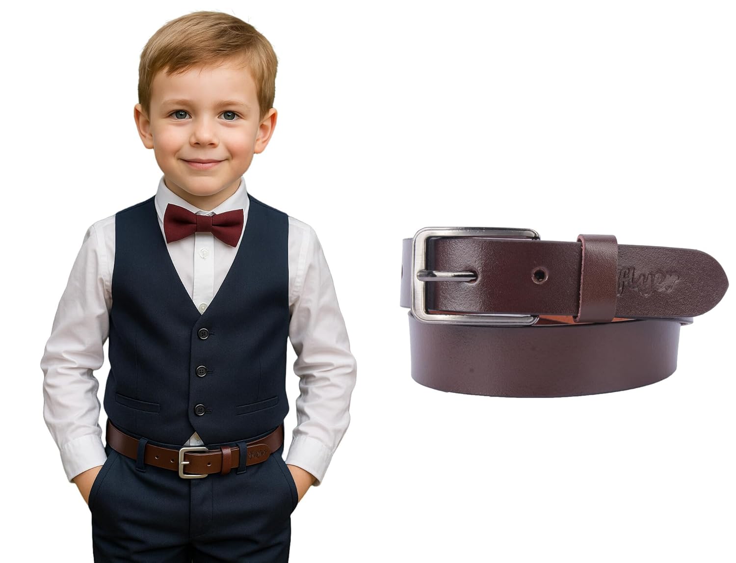 Flyer Kids Leather Belt for Boys & Girls | Genuine Adjustable Belt Real Leather Buckle Belt for School, Uniform, Bike Ride, Jeans | Age 2–14 Years | Brown | Pack of 1 | BR4579