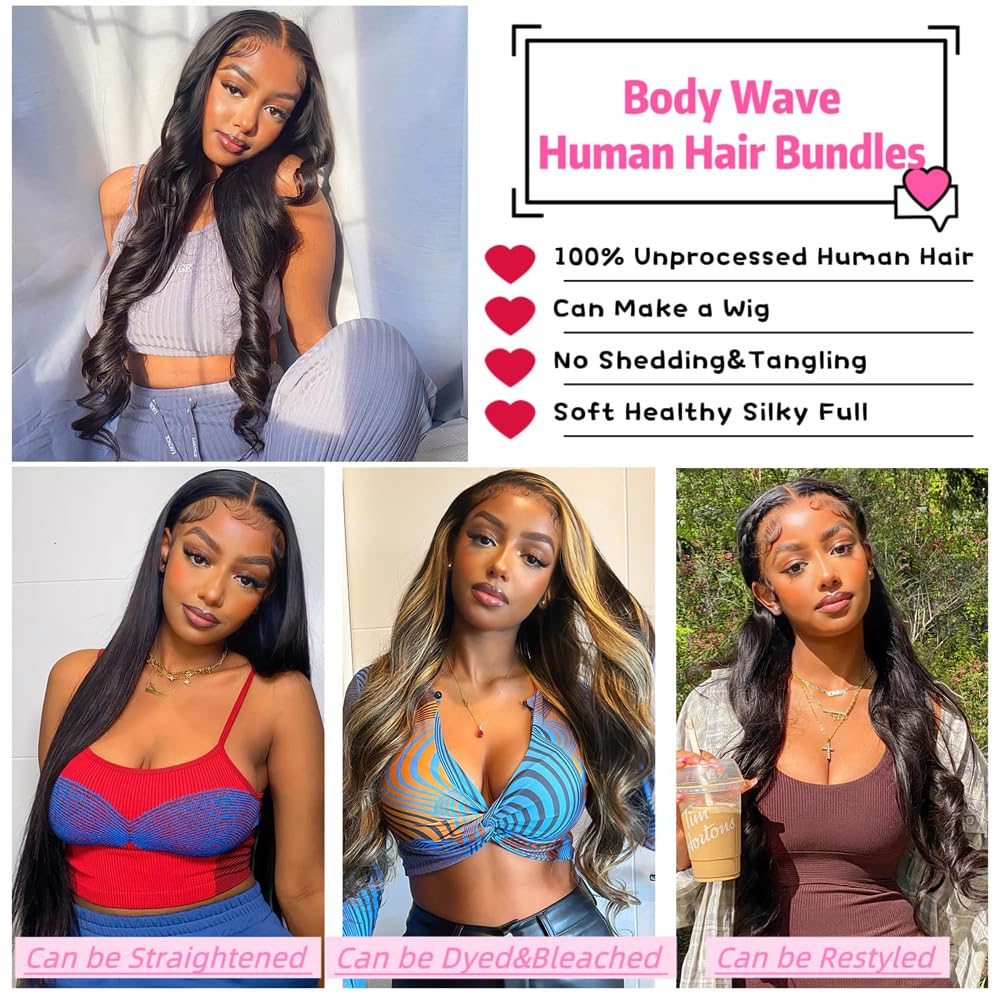 YISEA 12A Body Wave Bundles with Closure Brazilian Human Hair 4 Bundles with 4x4 Lace Closure（14 16 18 20+12）Body Wave 100% Unprocessed Virgin Hair Free Part Natural Black Color