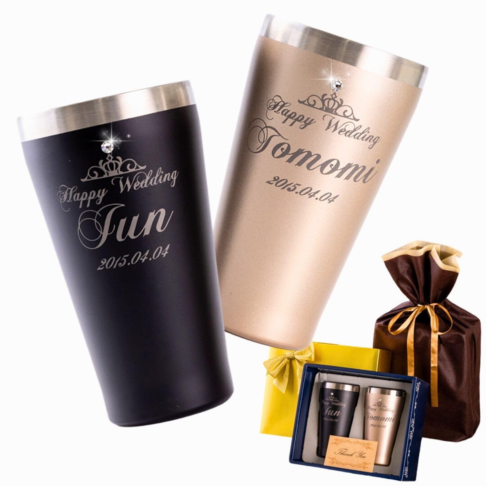 GiftArt STUDIO-J Brillante Wedding Celebration Personalized Pair Tumbler, 1000 People Chosen Celebration, Brilliant Blessing Crystals, Tumbler, Heat Insulated, Vacuum Insulated, Stainless Steel, 11.5 