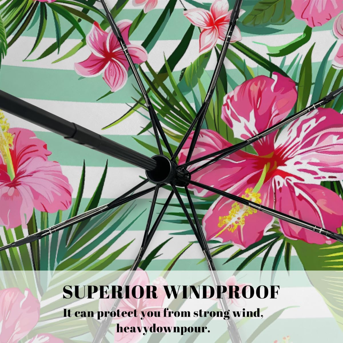 Tropical Stripe Hibiscus Leaves Folding Umbrella Windproof Compact Lightweight Travel Umbrella with 8 Reinforced Ribs, Portable UV Sun & Rain Protection for Men & Women