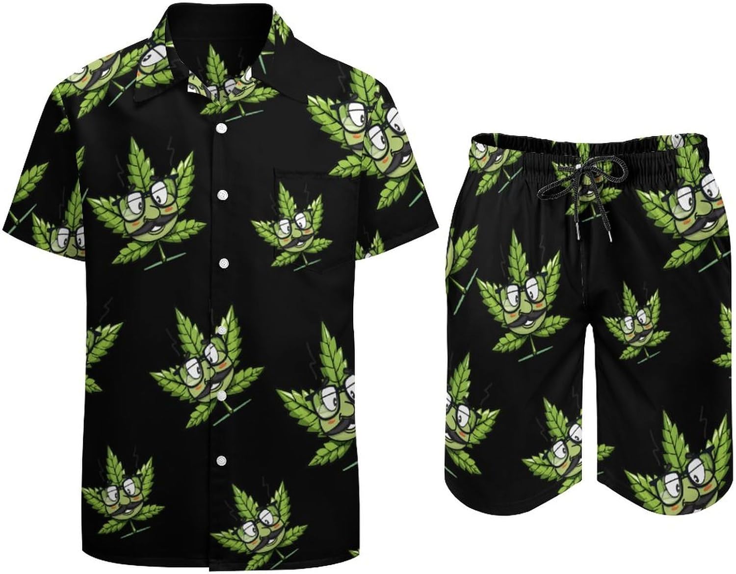 Weed Leaf Pot with Glasses Men's Summer Beach Outfits Shirt And Shorts Set 2 Piece Vacation Swimwear