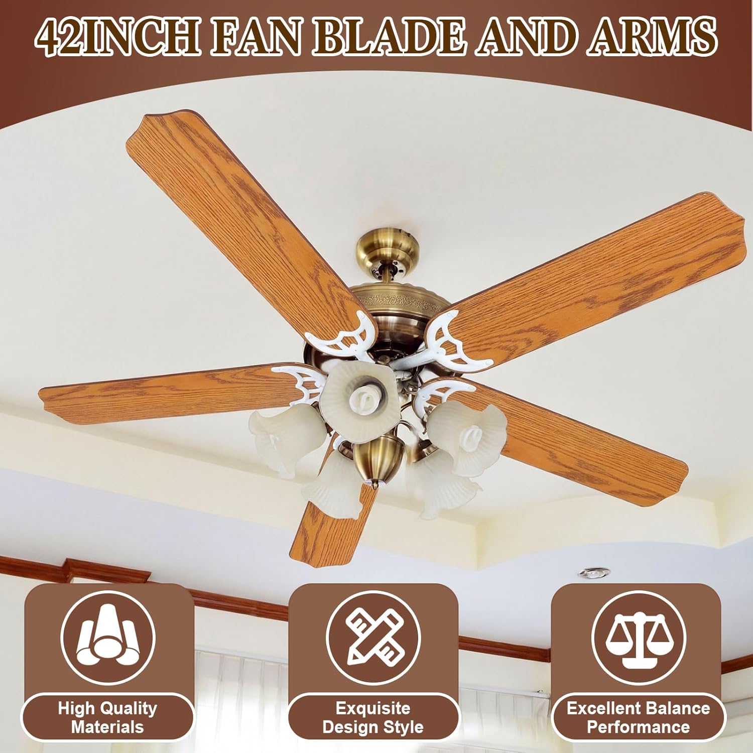 Yaocom 5 Sets 42 Inch Ceiling Fan Blade Arms Replacement and Oak/walnut Fan Blades with Mounting Hardwares for Bedroom Patio and Home(Natural Oak)