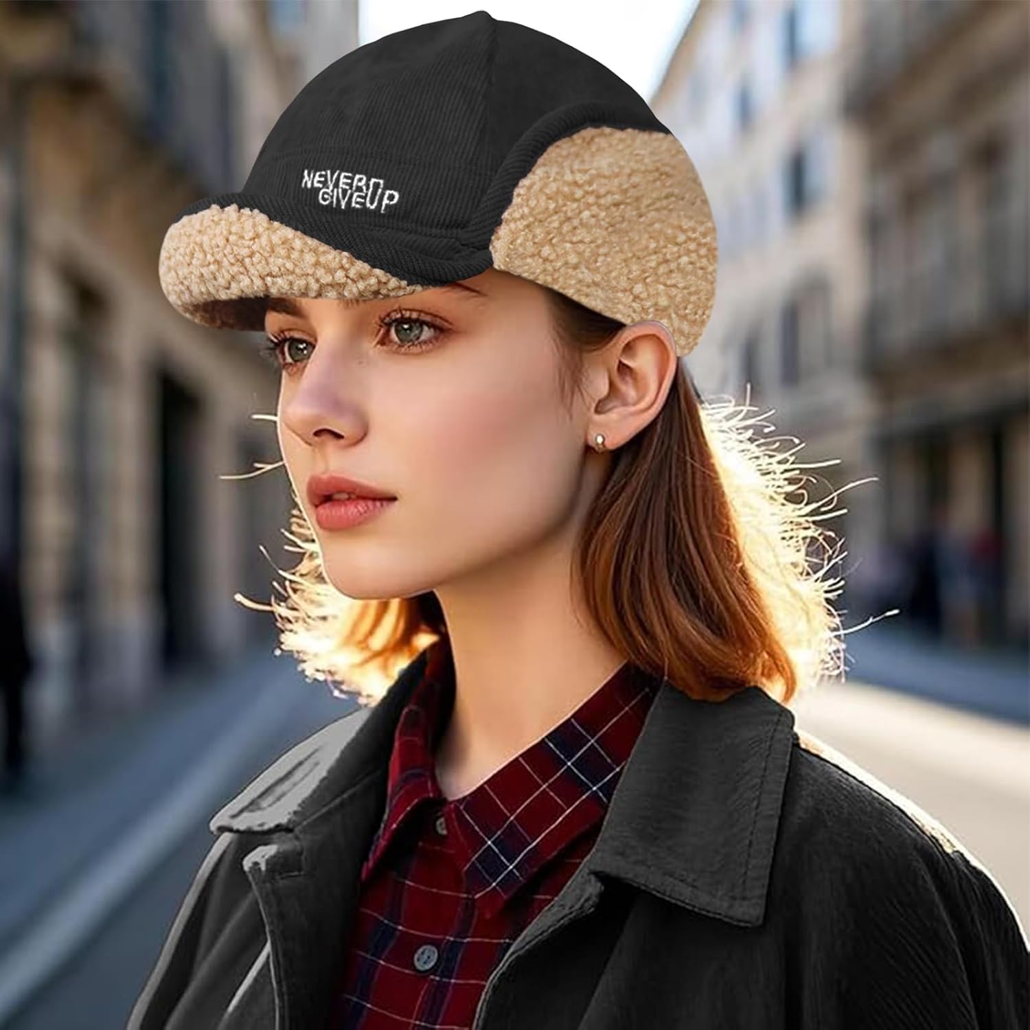 Men's Winter Hat with Earmuffs Retro Men's Unisex Rolled Edge Hats with Thick Fleece Lining image 2