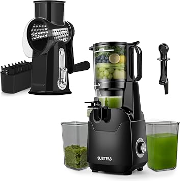 SUSTEAS Cold Press Juicer, 5.3" Large Feed Chute Fits Whole Fruits & Vegetables, 64oz Capacity and Rotary Cheese Grater with Handle - Vegetable Shredder with 5 Well-designed Blades