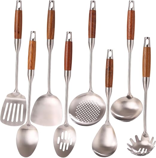18/10 Stainless Steel Kitchen Utensils Set with Wood Handle - 15”Metal Cooking Tools & Serving Utensil, 8-Pieces Cooking Spoons Set - Spatula, Ladle, Skimmer, Turner, Pasta, Solid Spoon, Slotted Spoon