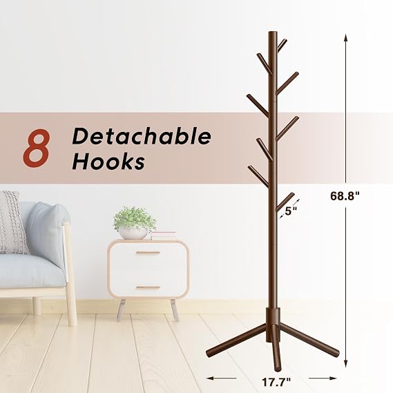 8-Hook Freestanding Coat Rack 3 Adjustable Heights Sturdy Brown