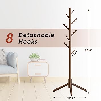 8-Hook Freestanding Coat Rack 3 Adjustable Heights Sturdy Brown