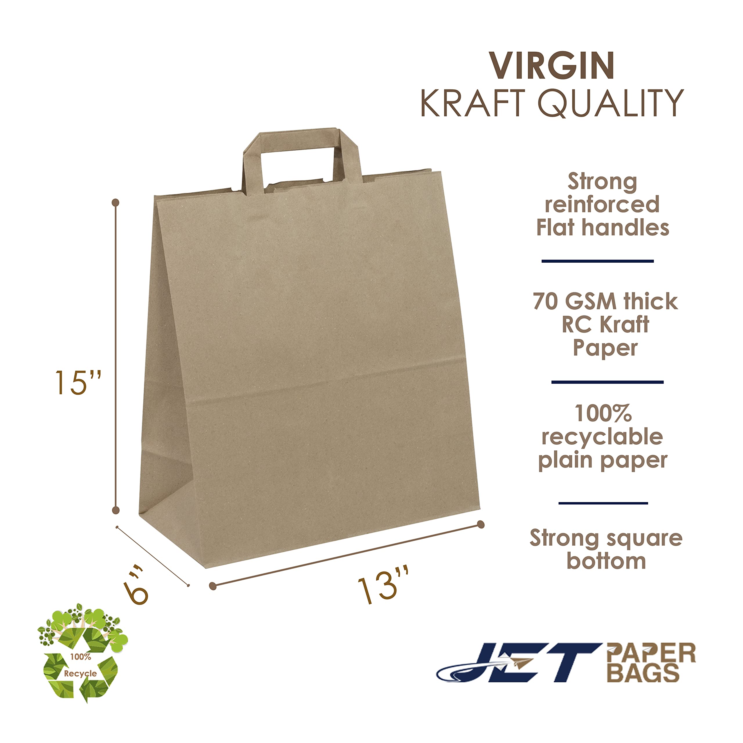JET PAPER BAGS - 13x6x15 Inch [250 Pcs] Large Brown Paper Bags with Flat Handles Ideal for DIY, Takeout, Grocery, Goody, Retail, Party, Gifts, Weddings - Recyclable Kraft Paper Gift Bags with Handles