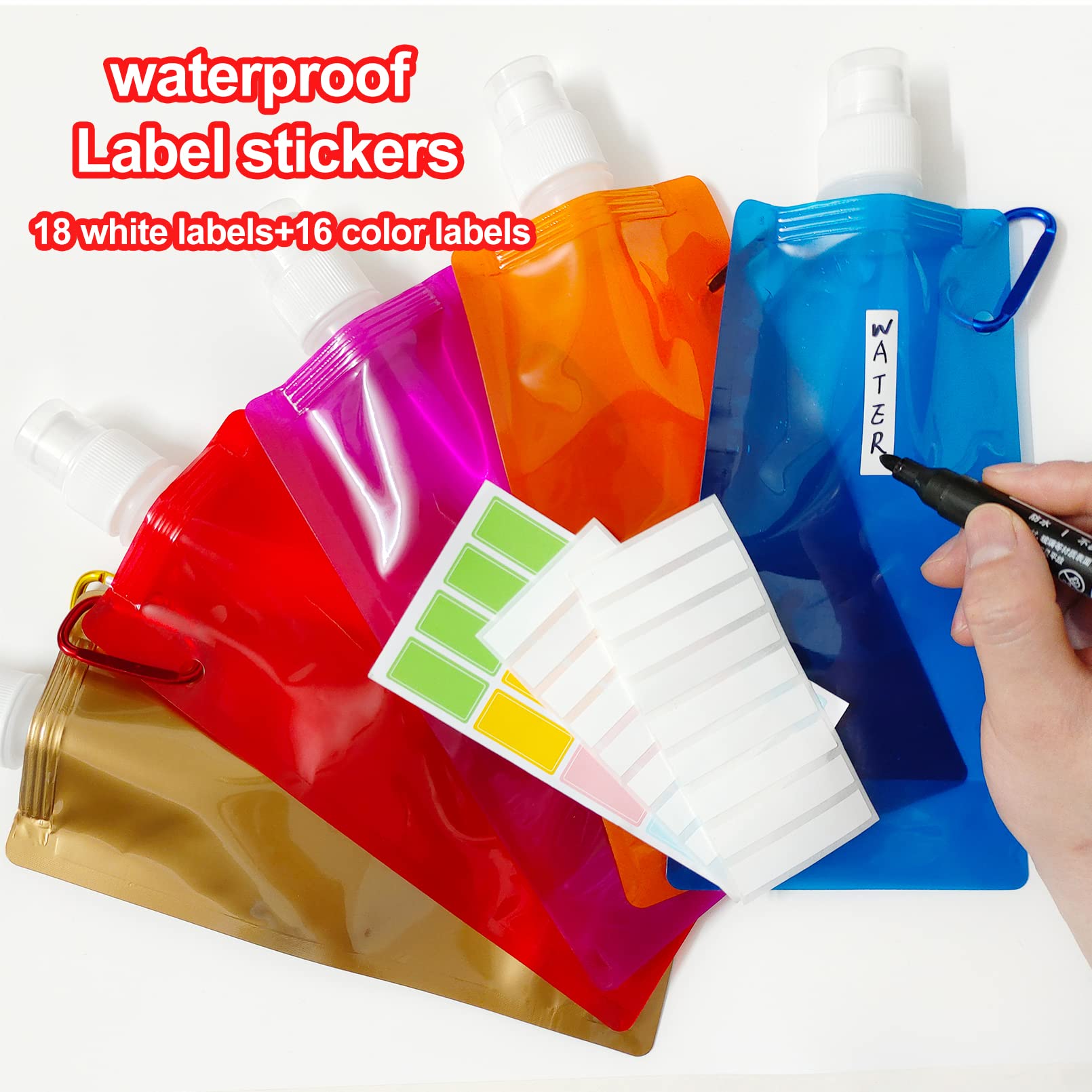 Faltbare Wasserflaschen, wiederverwendbare Trinkwasserbeutel mit Karabiner-Clip, 480 ml, auslaufsichere Wasserflaschen für Camping, Wandern, Reisen, Fitnessstudio, Sport, Radfahren, BPA-frei, 10