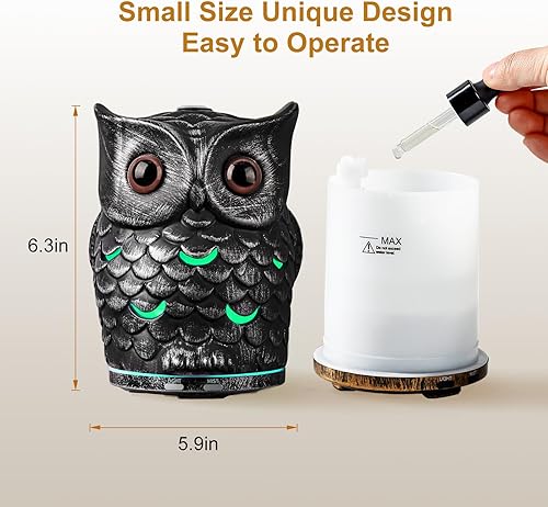 Miniatura 2 de ALIEYE Difusor de aceites esenciales de búho, difusor de cerámica pintado a mano, 6.8 fl oz, silencioso con protección de apagado sin agua, niebla