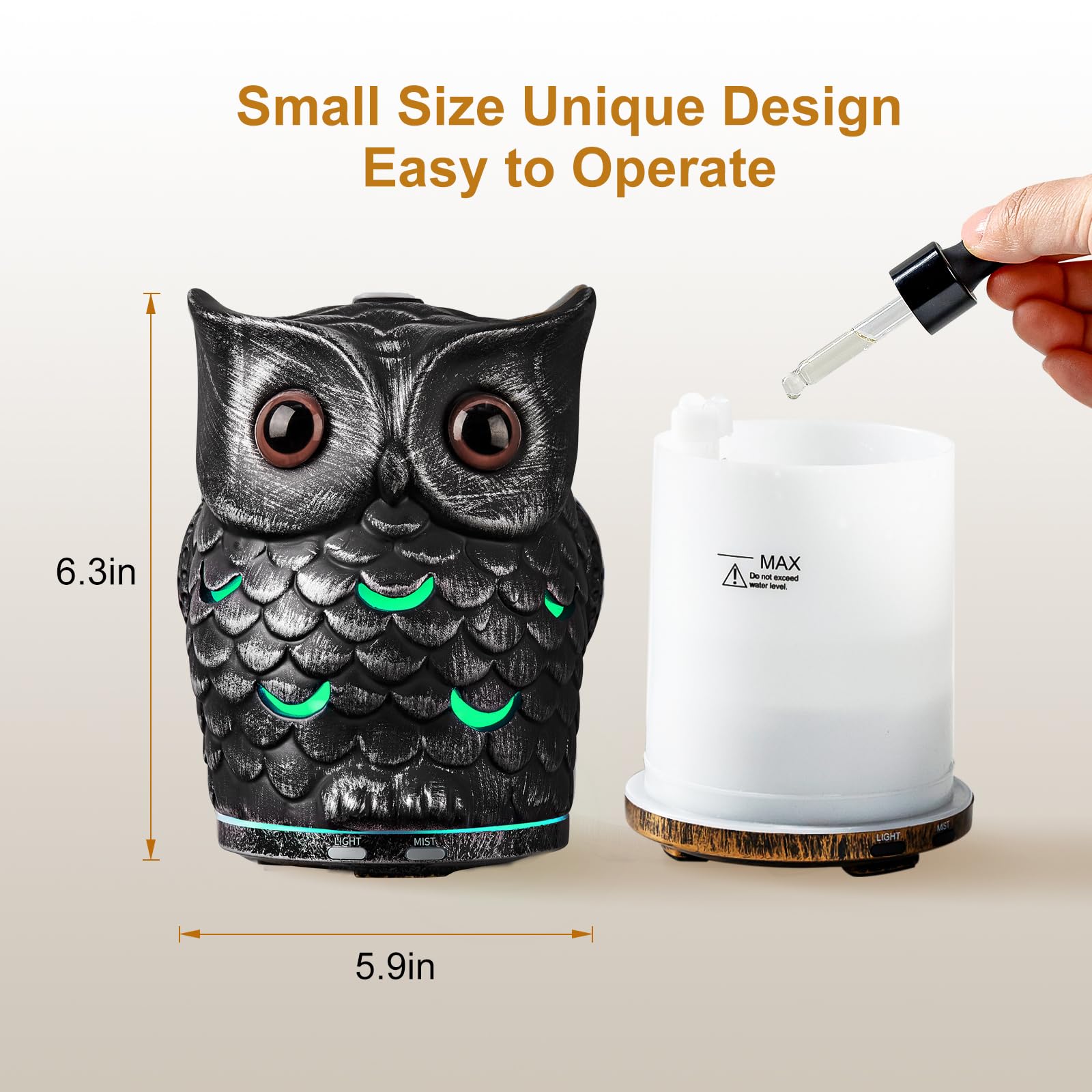 ALIEYE Owl Essential Oils Diffuser, Ceramic Hand-Painted Diffuser, 200ML Quiet with Waterless Shut-Off Protection, Cool Mist with 7 Colors LED Lights 2 Mist Mode for Bedroom Home, Office, Silver