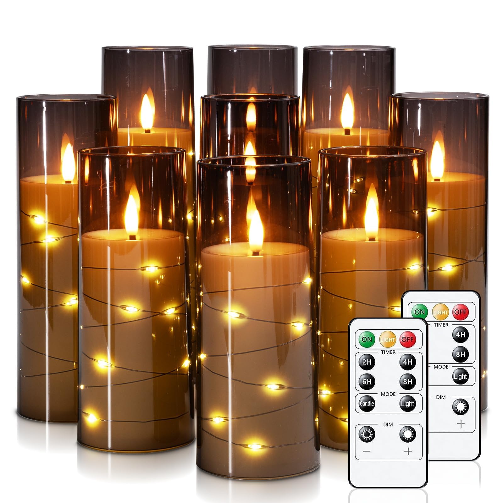 Homemory Flackernden Flammenlose Kerzen mit Lichterkette, Batteriebetriebene Kerzen mit Fernbedienung und Timer, Eingebettete Lichterkette LED-Kerzen, Acryl, Heimdekoration, Grau, 9er-Set