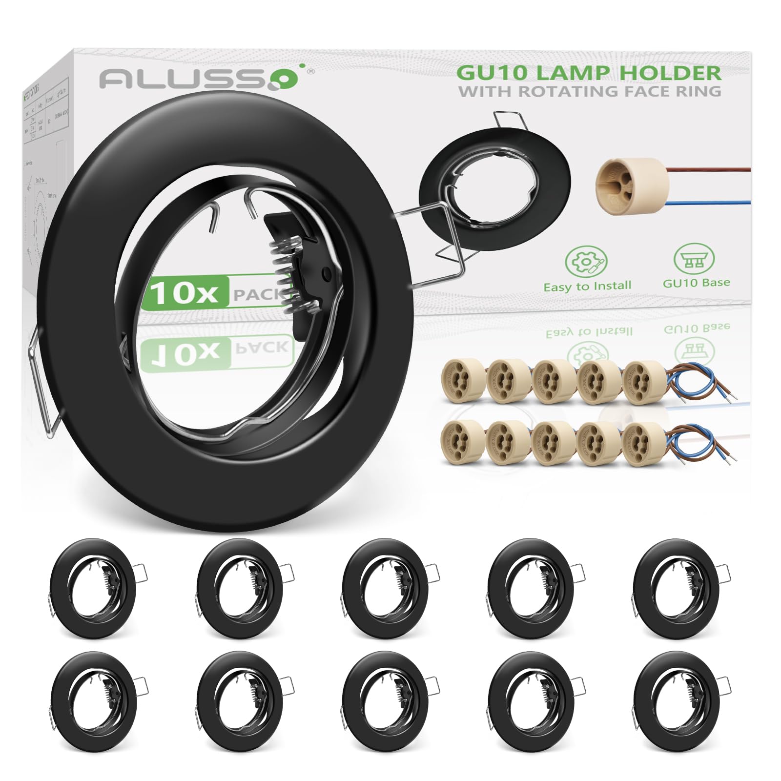 ALUSSO 10er Set Metall Einbaustrahler GU10 Rahmen 68mm, LED Spots 230V inkl. GU10 Fassung, Deckenspots 30° Schwenkbar Einbauspots Einbaurahmen Badezimmer für LED oder Halogen Leuchtmittel, Schwarz