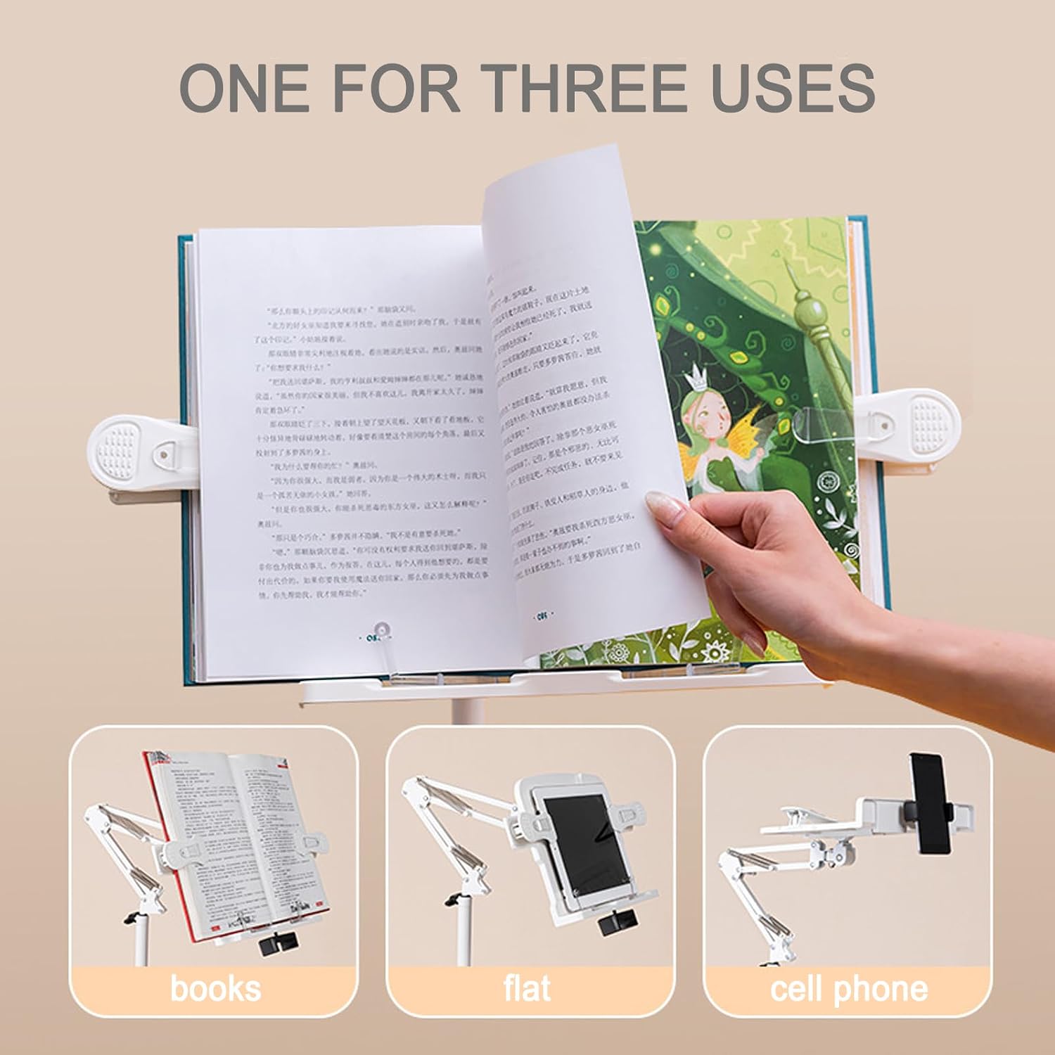 Book Stand for Bedsid, Book Light and 2 Spring Clips, with Phone Holder, Long Arm Table Music Stand, Adjustable Height Angle, for Laptop Phone Tablet, for Cookbooks, Textbooks, Magazines