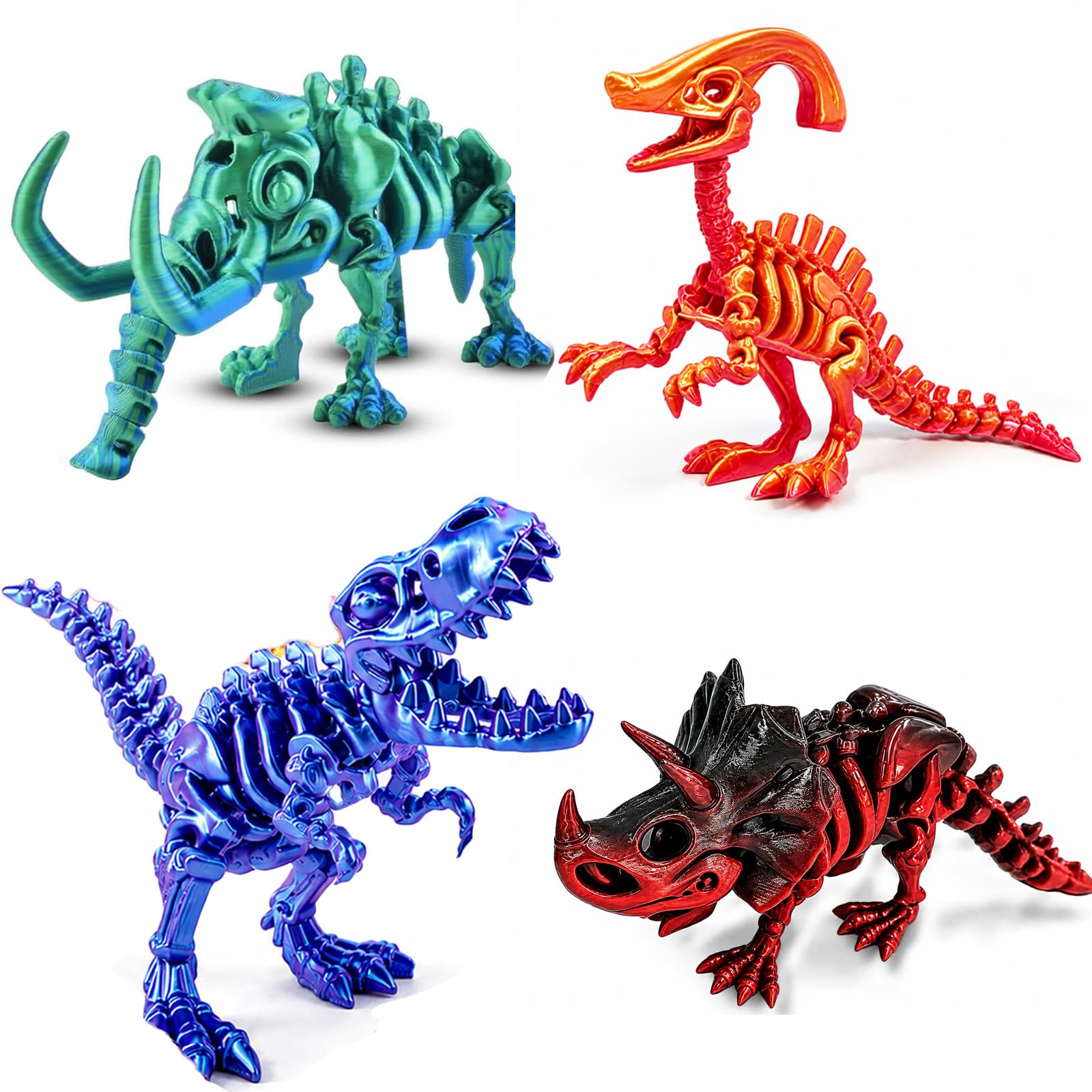 Dutown 4PCS 3D Printed Dinosaur Skeleton Set, Articulated Dinosaur Toys with Movable Joints & Adjustable Jaws, Dinosaur Gifts for Boys Girls Age 3+, Dinosaur Fidget Toys, Collectible Desk Decor