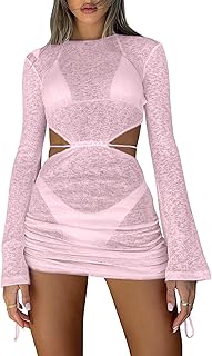 Women's Swimsuit Coverup Long Sleeve Sexy Beach Bathing Suit Cover Ups Mini Dress Swimwear