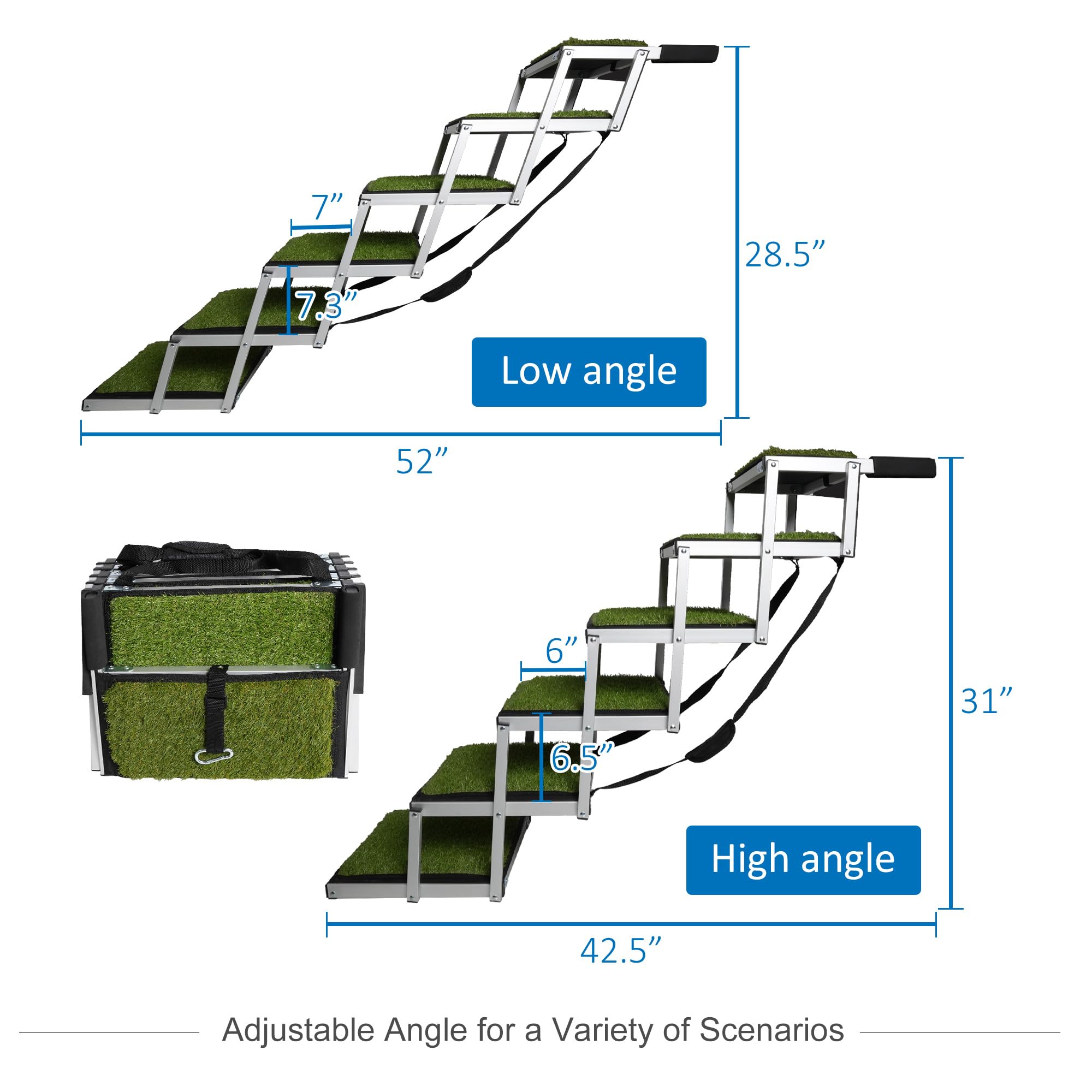 Aluminum Foldable Dog Car Ramps,Dog Ramp for Large Dogs with 6 Steps, Portable Grass Padded Steps Dog Stair with Non-Slip Surface for Car SUV Trucks, Supports up to 150 lbs
