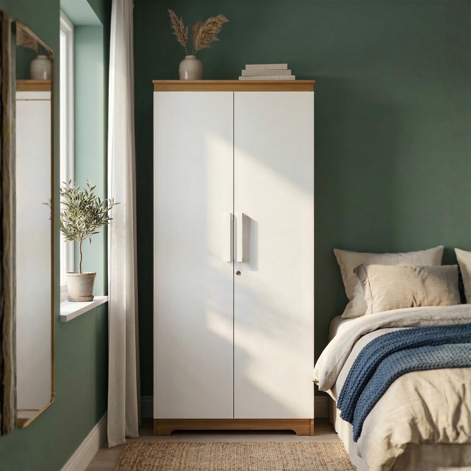 NEUDOT Amber Engineered Wood 2 Door Wardrobe | Almirah | Wardrobe with Hanging Rode and Lock | Storage Organizer | Multipurpose Almirah | 4 Shelves | 1 Year Warranty | White Door