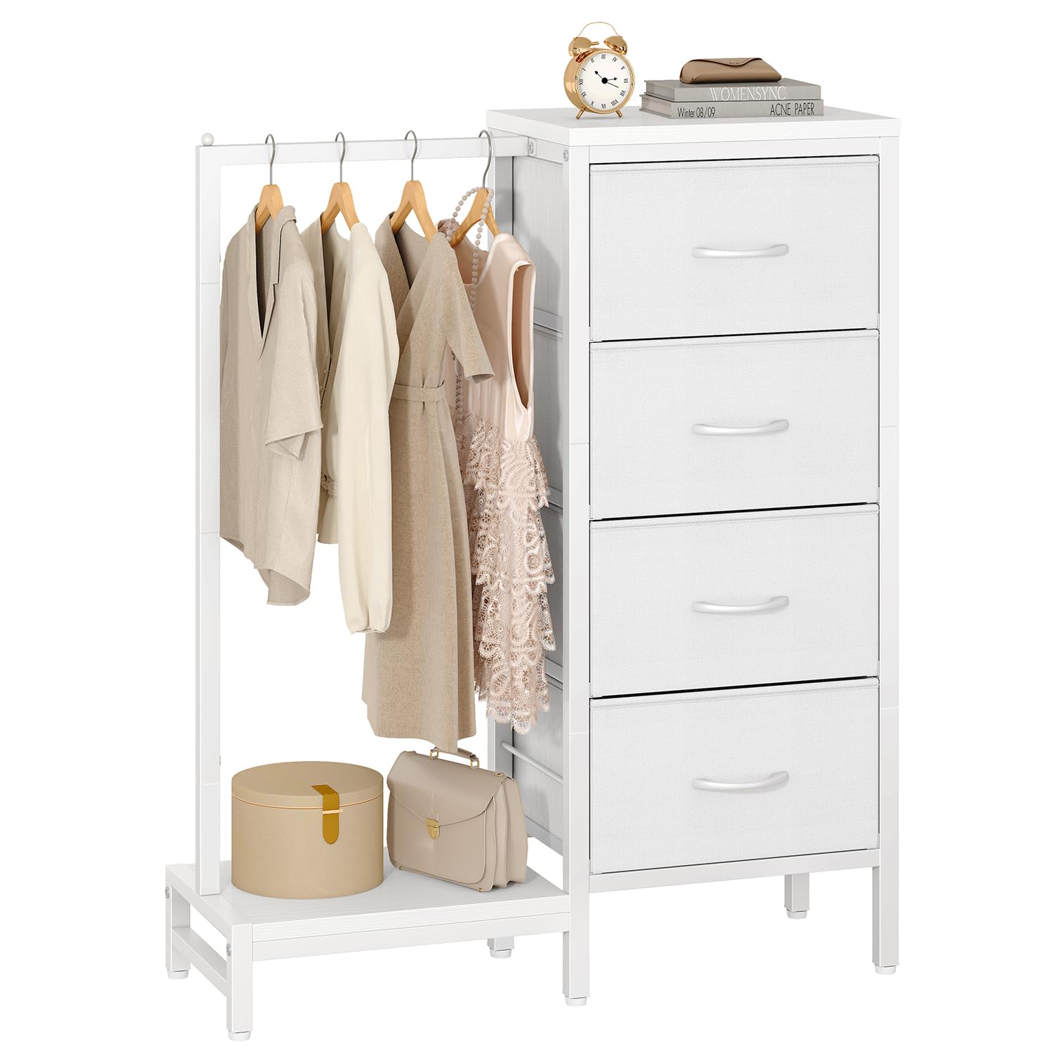 YMYNY Porte-Manteau Commode Blanche avec 4 Tiroirs en Tissu HGR006W