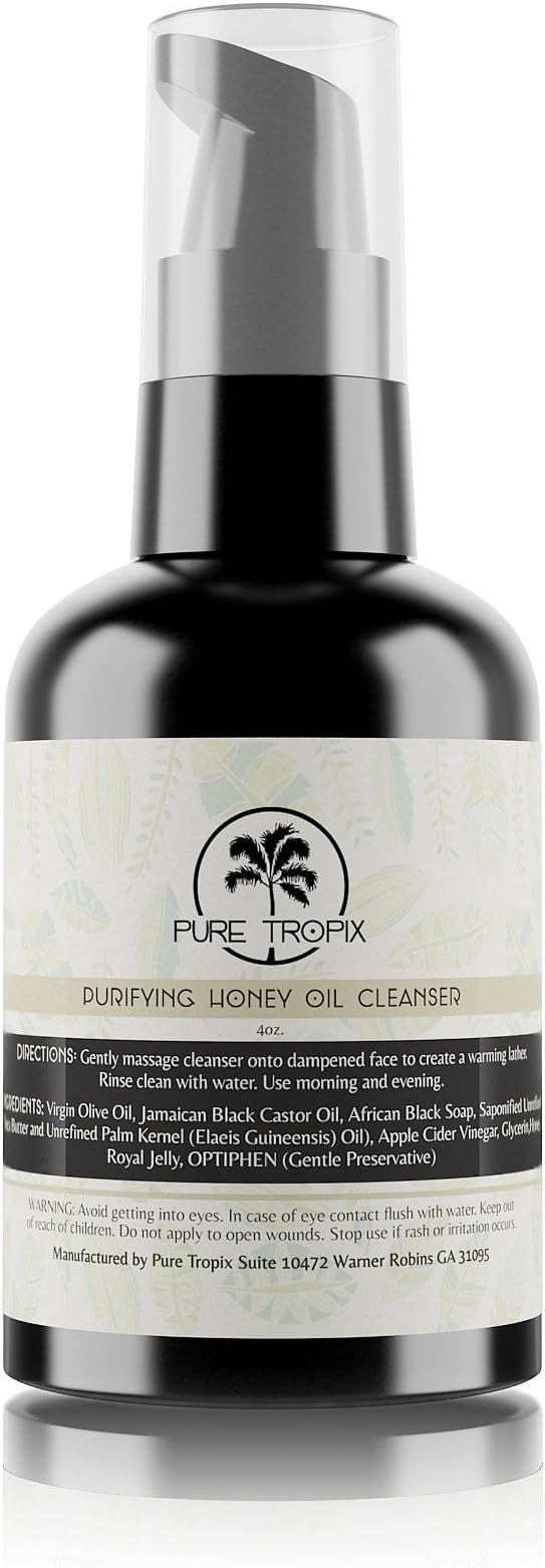 Pure Tropix Purifying Honey Oil Facial Cleanser & Makeup Remover Oil | Deep Cleansing Oil & Nose Blackhead Remover | African Black Soap & Black Castor Oil | Beauty Skin Care Products | 4 oz (118 ml)
