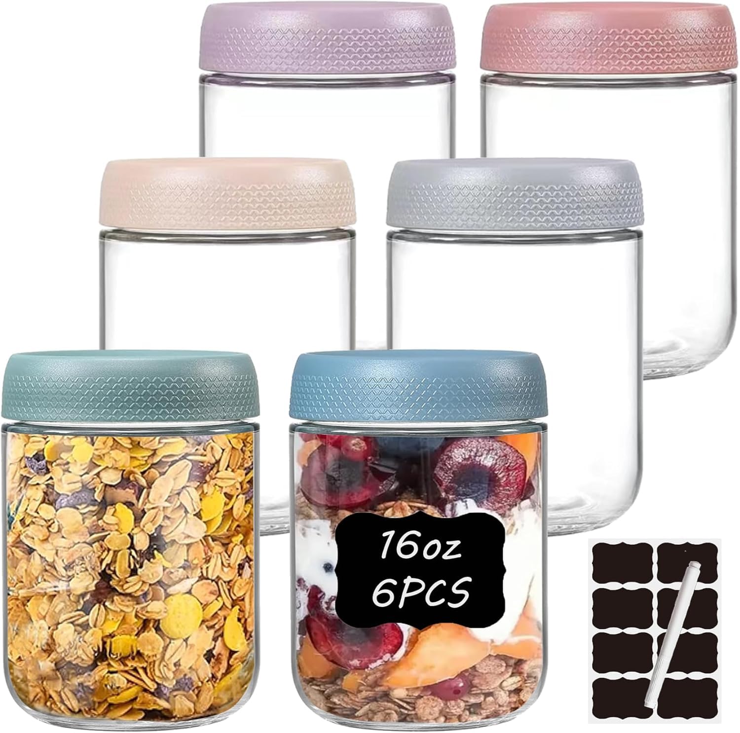 mumisuto 4 stuks nachtelijke haverpotten met deksel en lepel, 16oz/500 ml glas nachtelijke havercontainer, luchtdichte metselaarpotten voor overnachting haver graanbeker yoghurtpot voor granen, melk
