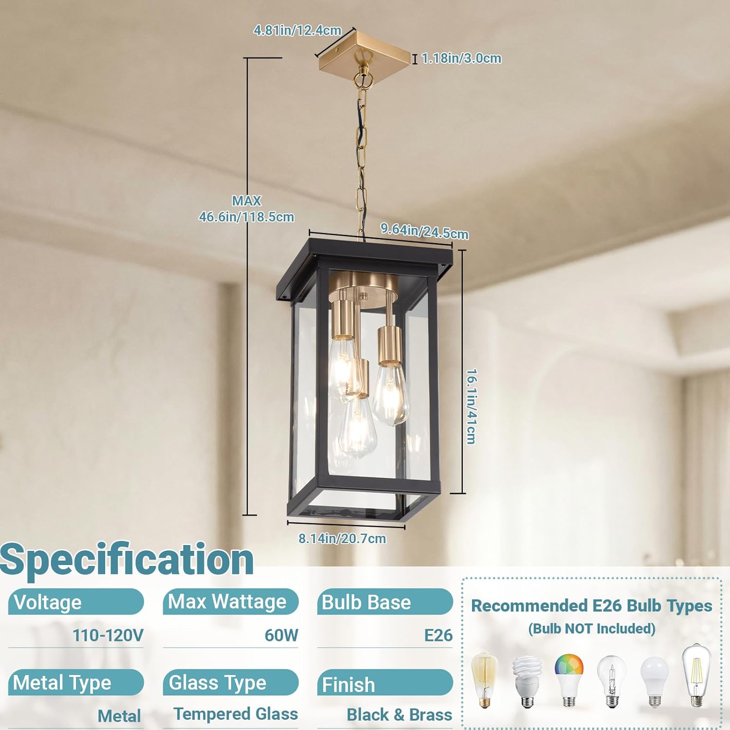 LOUSACE 16.1'' Large Outdoor Pendant Light Fixtures 3-Lights Brushed Brass & Black Outdoor Chandelier Exterior Hanging Porch Light Fixtures, Outside Pendant Porch Light Lantern for Entrace Balcony