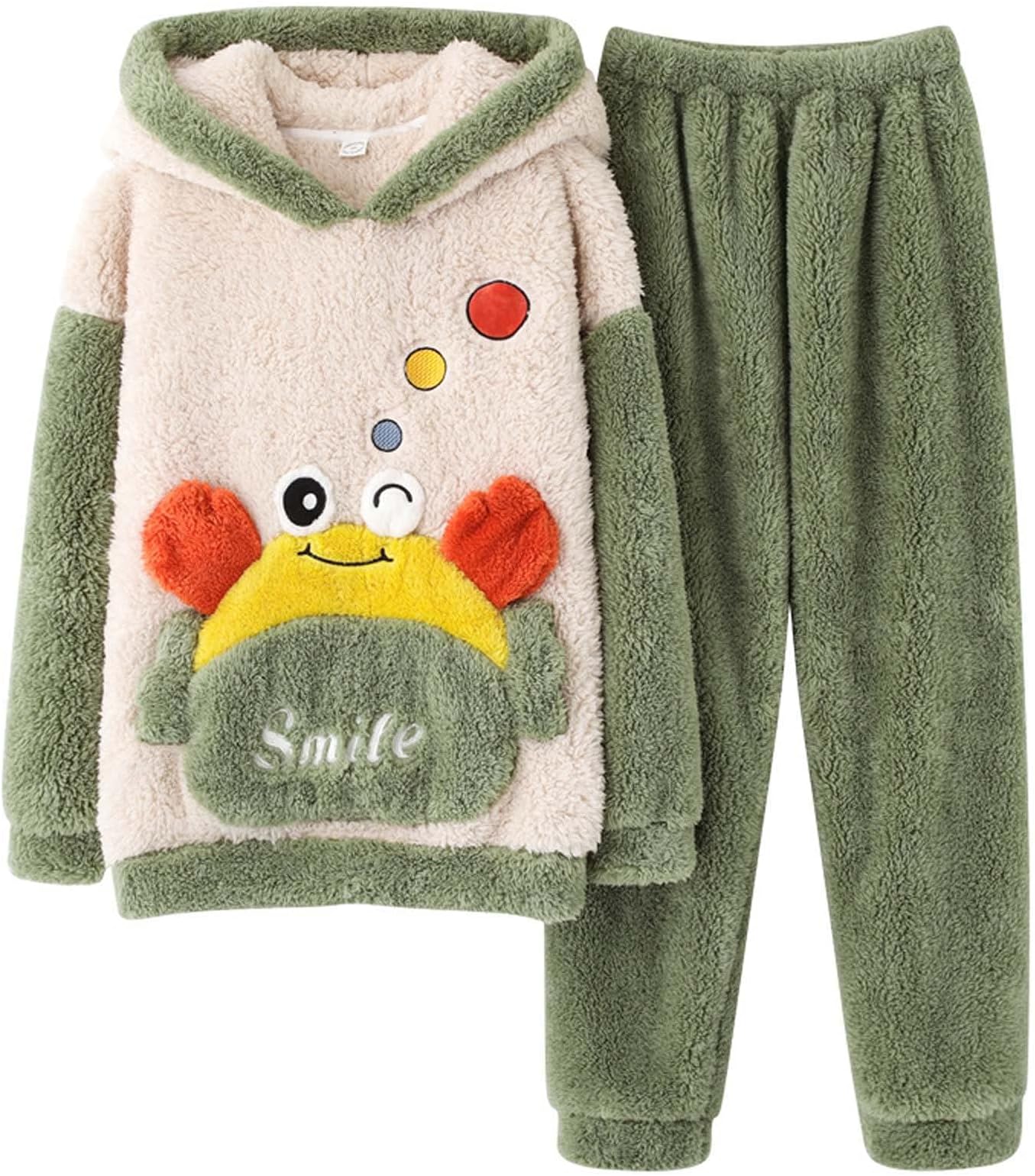 Men Pajamas Suit Cute Hooded Freece Tops Pants Outfit Winter Warm Lengthened Plush Hoodies Sweatshirt Trouse Set