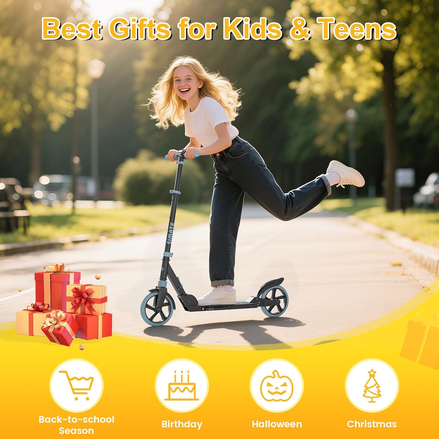 SIMATE Kick Scooter for Kids Teens & Adults, 3 Adjustable Heights, 8IN All Terrain Big Wheels, Dual Suspension, Foldable and Lightweight, Gifts for Girls Boys