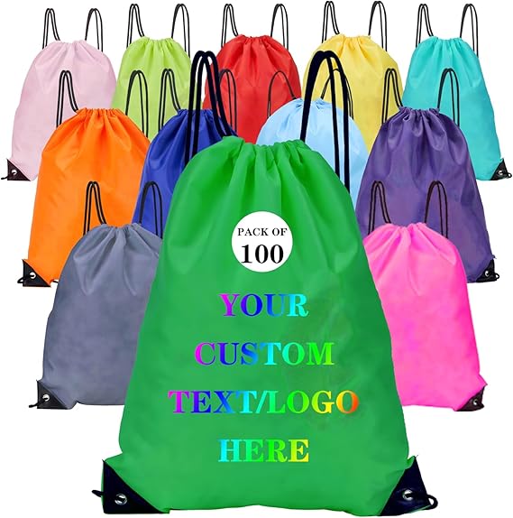 Custom Bags With Your Logo Set of 100 Custom Backpack Draw String Bags Pack Bulk for Travelling Swimming Gym Everyday Use (Green)