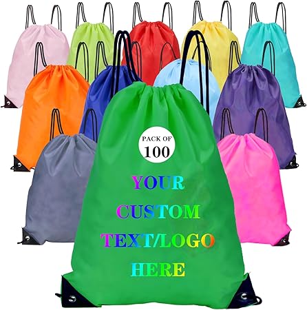 Custom Bags With Your Logo Set of 100 Custom Backpack Draw String Bags Pack Bulk for Travelling Swimming Gym Everyday Use (Green)