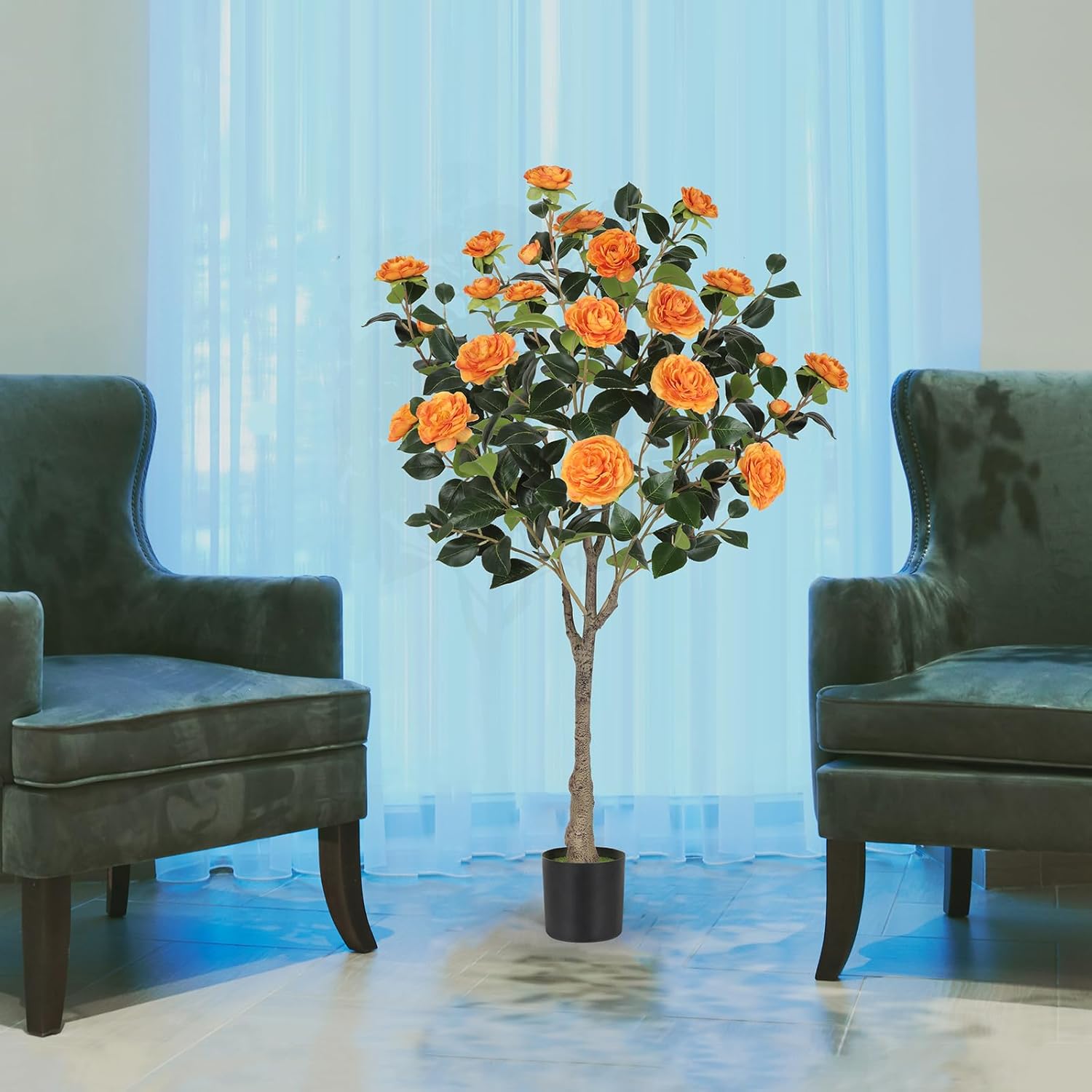 47 inch Artificial Camellia Tree with Blooming Yellow Flowers 2 Pack, Free Maintencace 4FT Fake Tree, Faux Plants with Blooming Flowers, for Indoor Outdoor Home Office Front Door Decor