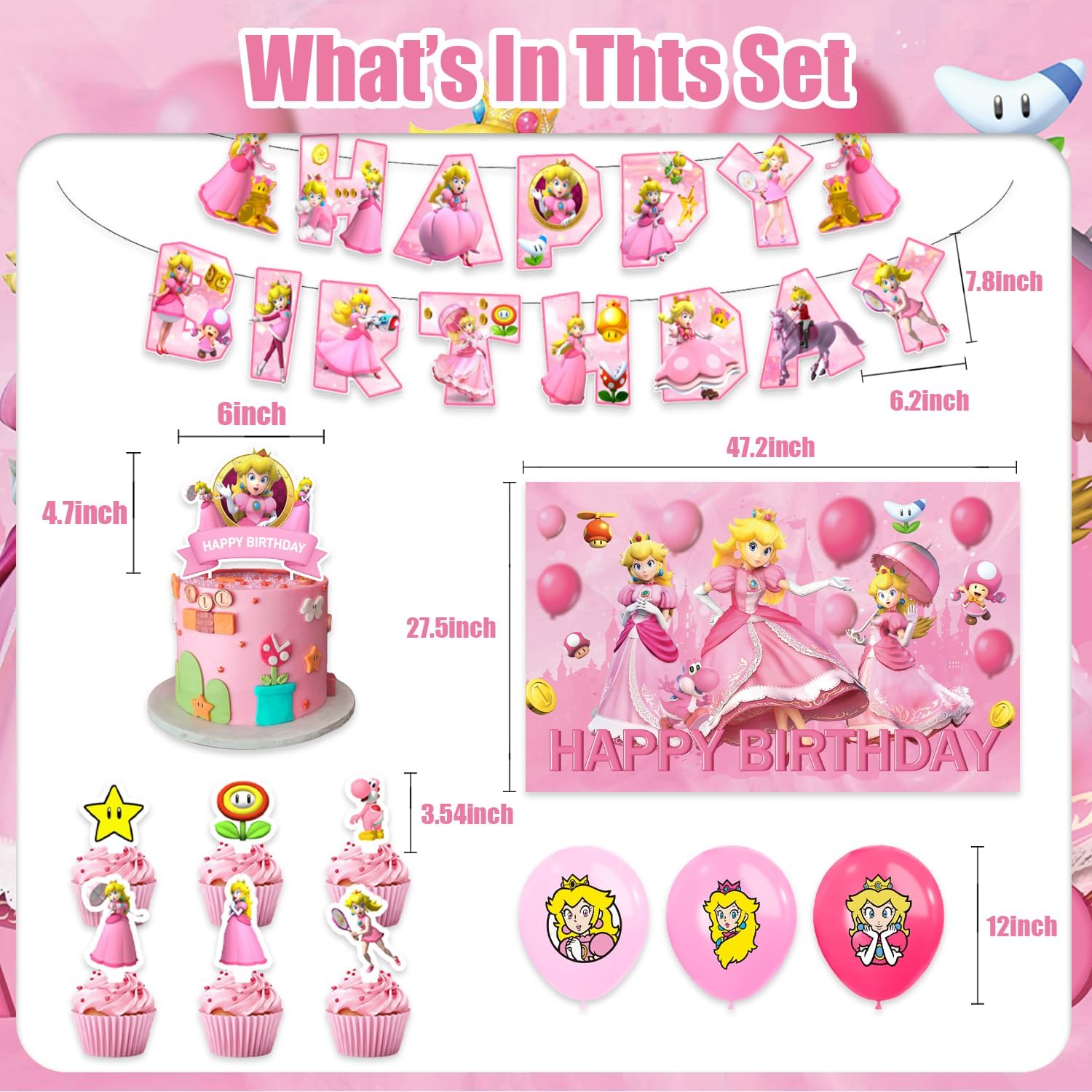 42pcs Princess Peach Birthday Party Supplies Pack Includes，Banner，Cake Topper，Blackdrop,Balloons for Princess Peach party supplies