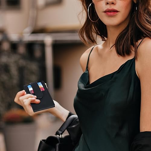 Miniatura 7 de Chelmon Cartera de mujer delgada con bloqueo RFID, billetera plegable con varios compartimientos para tarjetas con bolsillo con cremallera, Negro