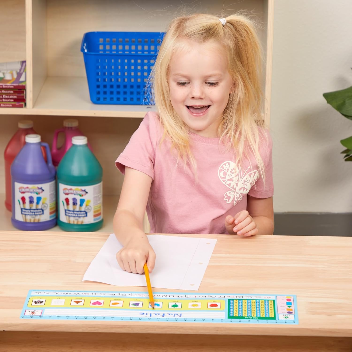 Really Good Stuff 24PK Zaner-Bloser 100-Grid with Number Line Self-Adhesive Vinyl Desktop Reference Nameplate with Left and Right Handprints, Shapes and Colors