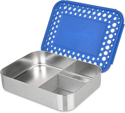 LunchBots Recipiente grande de acero inoxidable con diseño de tres secciones para sándwich y dos lados, lonchera Bento de metal, ecológica, tapa de